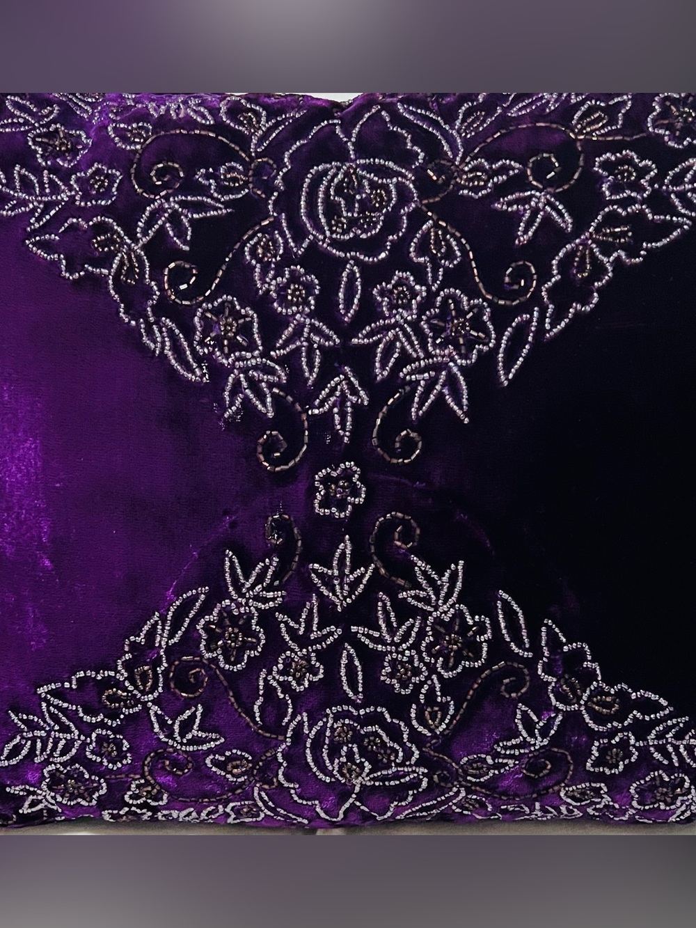 Embroidered beaded Velvet Decorative Pillow - Purple - Picture 4 of 11